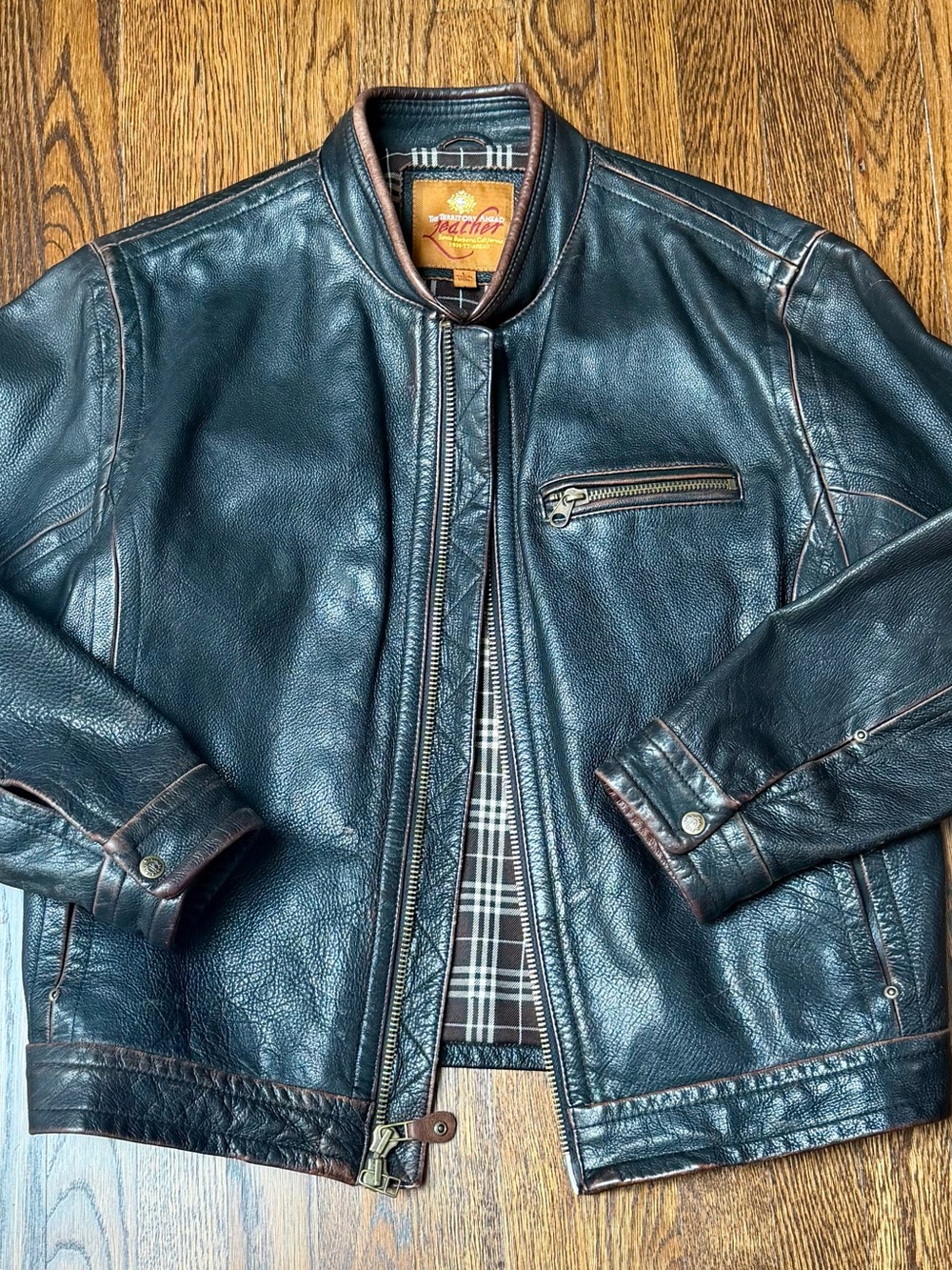 The Territory Ahead Black Leather Bomber Jacket with Brown Trim Accents